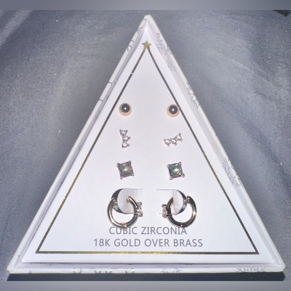 NWT And Now This Cubic Zirconia 18K Gold Plated Four Pair Earring Set - Gold Pl - Picture 1 of 4